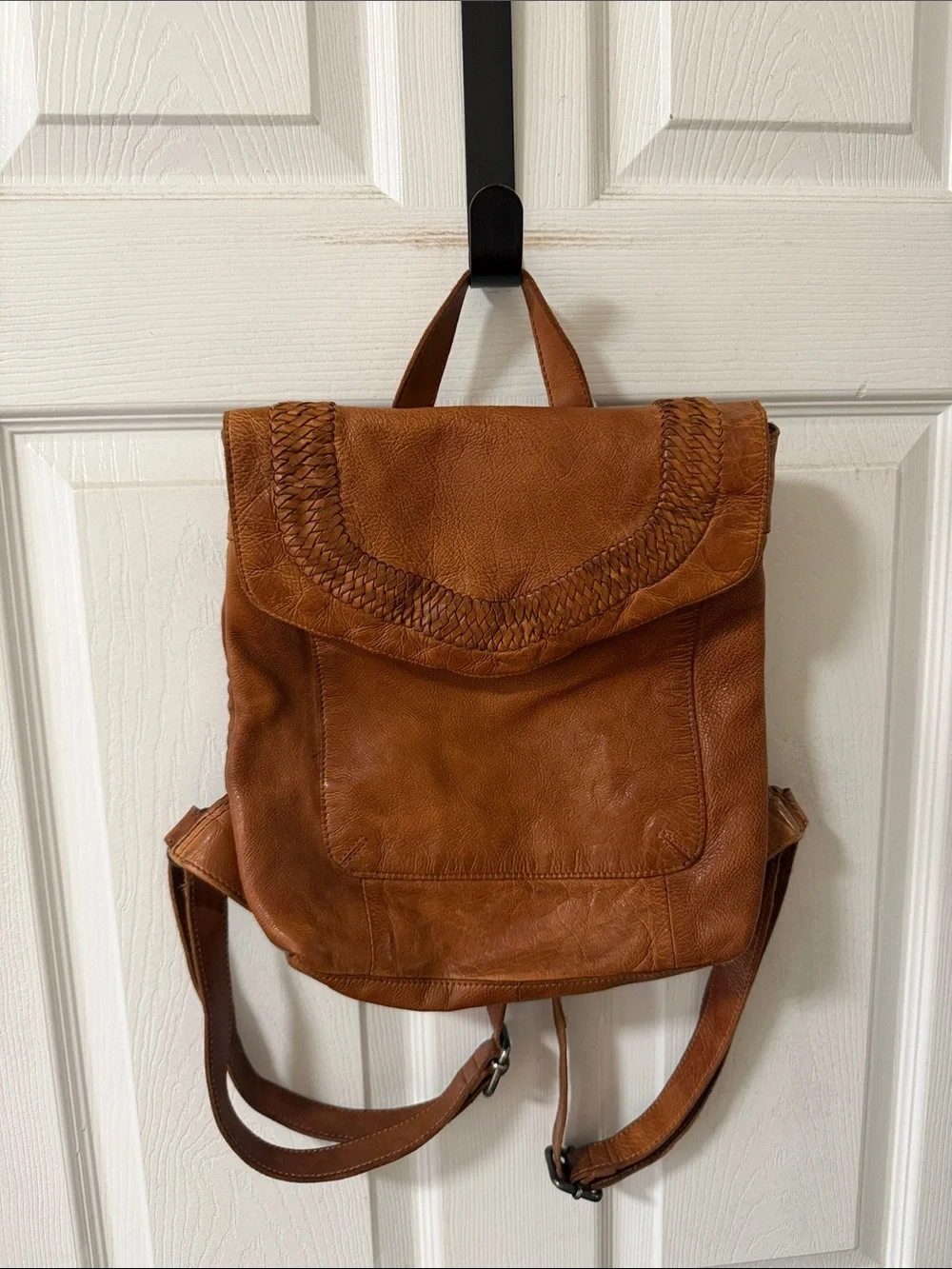 Leather Woven Flap Backpack - Brown